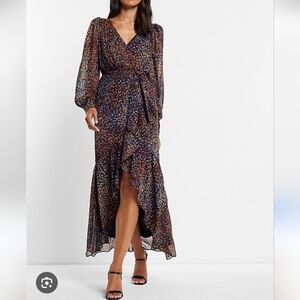 NWOT‎ EXPRESS metallic printed faux wrap ruffle hi-lo maxi dress